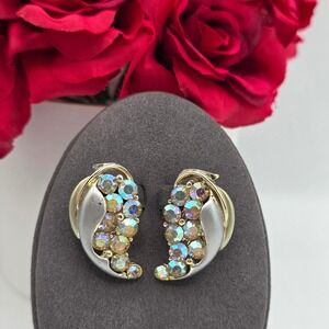 BSK Vintage Aurora Borealis Rhinestone Clip On Earrings Gold Silver Two Tone 1"